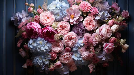 A wreath of soft pastel flowers including roses, peonies, and hydrangeas hanging on an old wooden door --ar 16:9 --uplight --s 750