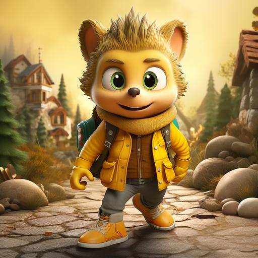 A yellow comic hedgehog like Sonic from rubble from PAW Patrol, fall background, yellow shirt, yellow pants, full body, cartoon style --v 5.2 --s 250