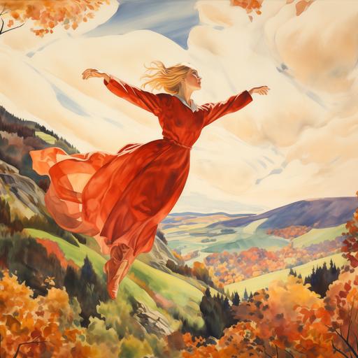 A young 18-year-old girl with blonde hair throws herself off a high cliff. Her eyes are closed. The landscape is mountainous and green. The girl's fall gives a feeling of falling. Primary colours: red and white. Roamntism art movement. Watercolour technique. Wide angle. Symmetrical. No crooked hands and feet, no crooked limbs, no different objects.
