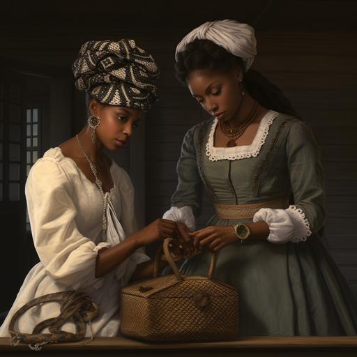 A young Black woman dressed in colonial era clothing, serious expression, talking to her sister who is dressed in colonial era clothing, snakes at their feet, detailed, hyperrealistic