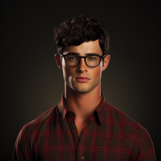 A young Clark Kent, about 25 years in age, black short curly hair, square headshape, flat eyebrows, almond shaped blue eyes, straight thick nose, heavy lower lips, cleanly shaven, red and black plaid flannel, black square glasses, a realistic image as if someone had him posing for a magazine but outside on a farm, real photo --ar 1:1