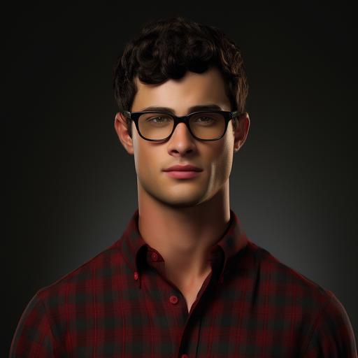 A young Clark Kent, about 25 years in age, black short curly hair, square headshape, flat eyebrows, almond shaped blue eyes, straight thick nose, heavy lower lips, cleanly shaven, red and black plaid flannel, black square glasses, a realistic image as if someone had him posing for a magazine but outside on a farm, real photo --ar 1:1