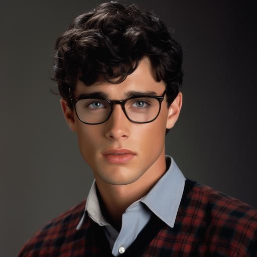 A young Clark Kent, about 27 years in age, black short curly hair, square headshape, flat eyebrows, almond shaped blue eyes, straight thick nose, heavy lower lips, cleanly shaven, red and black plaid flannel, black square glasses, a realistic image as if someone had him posing for a magazine but outside, real photo