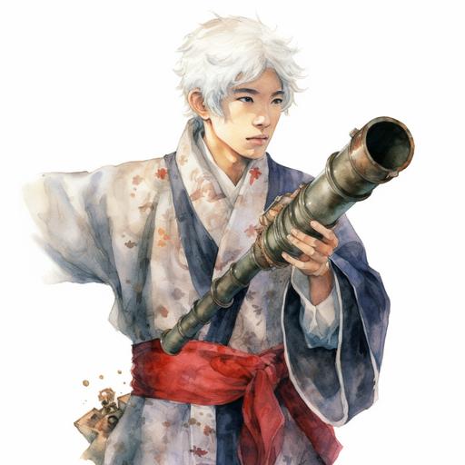 A young Japanese scientist man with short white hair and red eyes in traditional clothes holds an old telescope, watercolor style