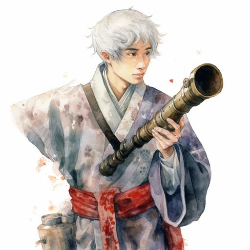 A young Japanese scientist man with short white hair and red eyes in traditional clothes holds an old telescope, watercolor style