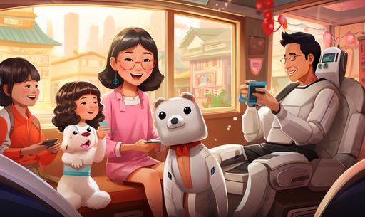A young Korean girl, dressed in traditional Korean clothes, is playing Yutnol, a traditional Korean game, with her Korean grandparents, mom and dad, in a self-driving car on the road. A small, cute puppy robot sits next to the girl and watches her play, while her grandfather relaxes and enjoys a massage from the little white robot. The mother ties her hair in a mirror held up by a robotic arm. --ar 15:9