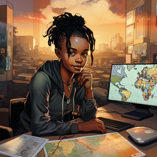 A young african adult,lesbian, haircut, at a computer, showcasing a dashboard of internet packages. A map of South Africa in the background pinpoints customers’ location, comic