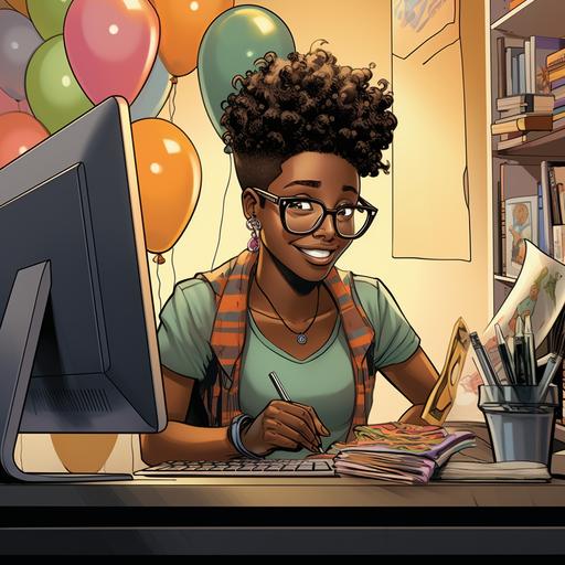 A young african adult,lesbian, haircut, at a computer, showcasing an online party supply business, comic, black hair colour, wearing reading glasses