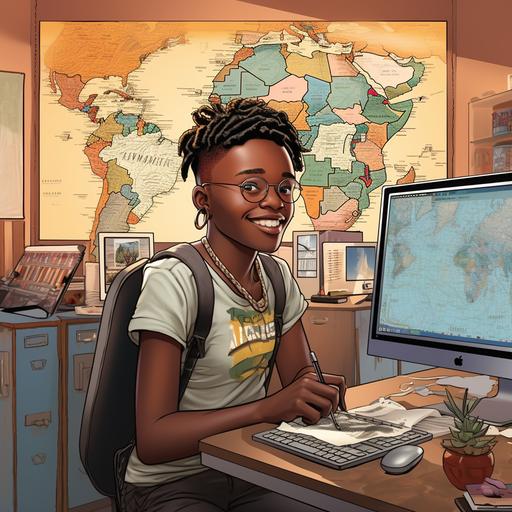 A young african adult,lesbian, haircut, at a computer, showcasing a dashboard of internet packages. A map of South Africa in the background pinpoints customers’ location, comic