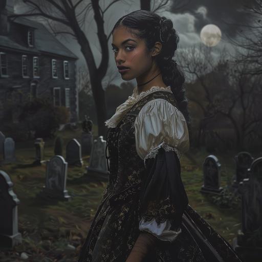 A young, biracial woman in colonial dress, standing in a graveyard on a moonlit night, black shadows hovering around her. detailed, hyperrealistic