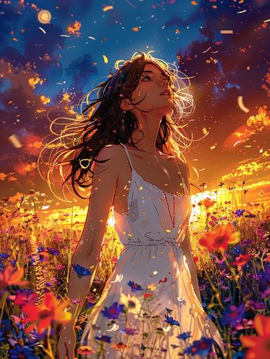 A young bohemian artist in a white dress stands in a crop circles field of flowers, her hair blowing in the wind. She looks up at a blazing sunset, her face serene and glowing. She is the Blazewave Goddess, by Kaws --ar 3:4 --stylize 350