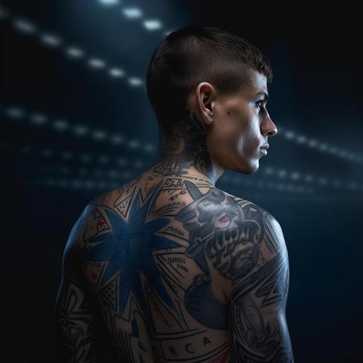A young boxer, 18 years old, athletic, wearing blue futuristic boxing gloves and jeans, Latino, Caucasian, with a tattoo on his back that says 
