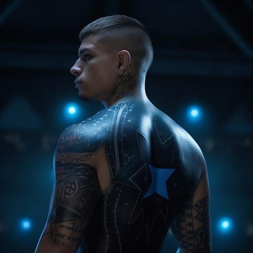 A young boxer, 18 years old, athletic, wearing blue futuristic boxing gloves and jeans, latino, caucasian, with a tattoo on his back that says 