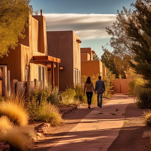 A young couple walk through adobe style residential neighborhood in Santa Fe, New Mexico. Medium: Photo-realistic Photography, Style: Contemporary. Lighting: Mid-day with clear blue skies, Colors: Adobe reds, desert browns, and purplish hues, Composition: Nikon D850, Nikkor 35mm f/1.4 lens, Resolution 45.7 megapixels, ISO sensitivity: 64, Shutter speed 1/200 second, depth-of-field shot focusing on the husband and wife with the house as a backdrop. --ar 1:1 --v 5.1 --style raw --s 750