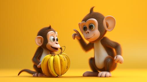 A young cute monkey with a banana talks to an adult monkey - blind box style, OC rendering, 3D, super detail expressive, --ar 16:9