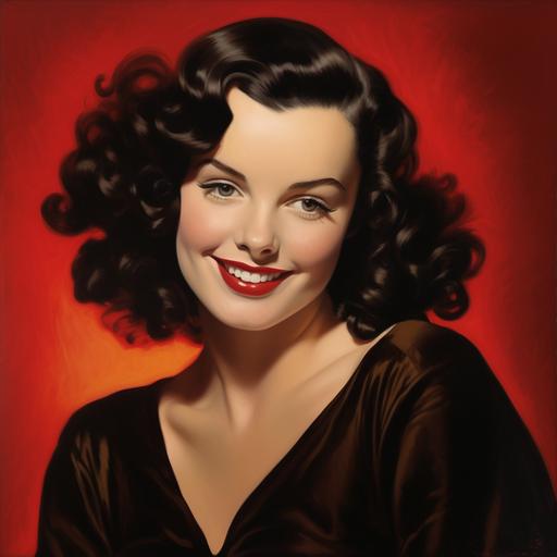 A young female, a mix between Elizabeth Taylor and Katharine Hepburn, slightly curly, luscious black hair, smiling, image high definition