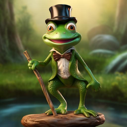 A young frog cartoon green with top hat and walking cane. Standing on log in a caviler pose and funny smirk