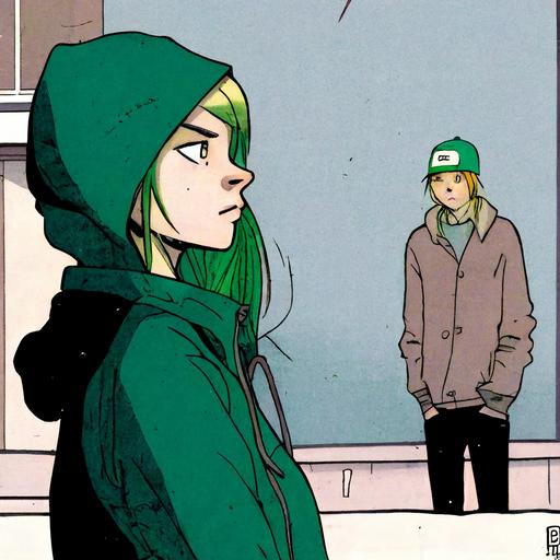 A young girl, 23 years old, 160 cm tall, with green hair of medium length, with a silver ring with a green stone on her ring finger, wearing black pants with a long hood and a green hat on her head, peeks out from around the corner in the city, looks at a guy of 26 years of average height with medium blond hair length looking at this girl