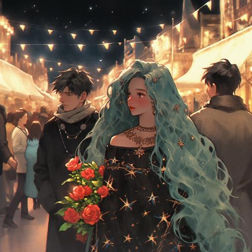 A young girl, holding seven red roses, wearing a turquoise long dress and light green hair, shines with stars and moons in the brightly lit market. Next to him was a handsome young man wearing a black crow mask, with black hair., Cinematic shot, Full Length Shot (FLS), watercolor, 8k smooth, high detail --niji 5