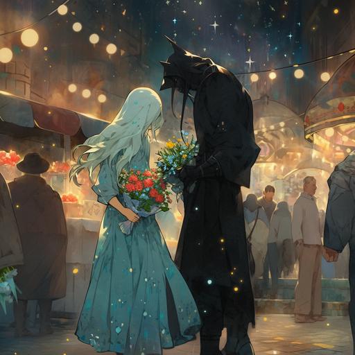 A young girl, holding seven red roses, wearing a turquoise long dress and light green hair, shines with stars and moons in the brightly lit market. Next to him was a handsome young man wearing a black crow mask, with black hair., Cinematic shot, Full Length Shot (FLS), watercolor, 8k smooth, high detail --niji 5