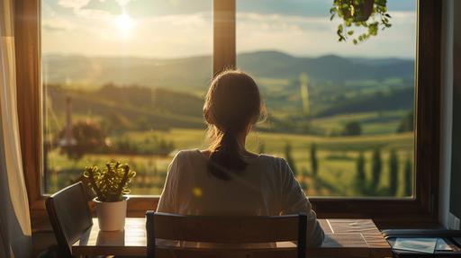 A young girl is sitting in a chair at a desk, and in front of her is a large window where you can see beautiful rolling green hills going into the distance. Camera angle is from behind the girl and the desk so her face is hidden and only the back of her head is visible. She is looking forward out the window. Beautiful mid day sun rays are coming through the window and landing on the deks. Hyperrealistic, high-fidelity, photo-quality image --ar 16:9