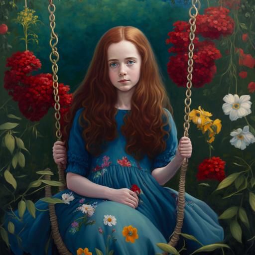 A young girl with long dark copper hair and blue eyes. She wears a blue dress with small red roses. The length of the dress is short and fluffy. Half sleeves reach her knees. She is sitting on a swing in a large green garden with white and red flowers, orchids and sunflowers.V 4