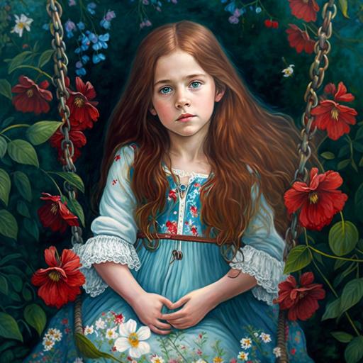A young girl with long dark copper hair and blue eyes. She wears a blue dress with small red roses. The length of the dress is short and fluffy. Half sleeves reach her knees. She is sitting on a swing in a large green garden with white and red flowers, orchids and sunflowers.V 4