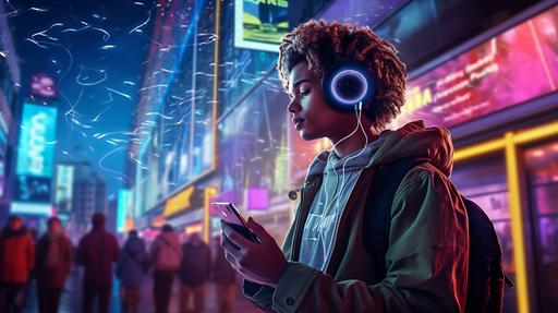 A young guy who travels into the 80’s, with a lot of vaporwave fonts and texts around the city with a synth pop environment, listening music through a walkman gadget apparently visible in the scene. He is staring at an enthusiastic band playing a lot of 80’s music at the end of the street, with a lot of neon lights inside the stage. 4k ultrarealistic, --ar 16:9