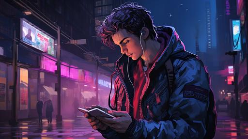 A young guy who travels into the 80’s, with a lot of vaporwave fonts and texts around the city with a synth pop environment, listening music through a walkman gadget apparently visible in the scene. He is staring at an enthusiastic band playing a lot of 80’s music at the end of the street, with a lot of neon lights inside the stage. 4k ultrarealistic, --ar 16:9
