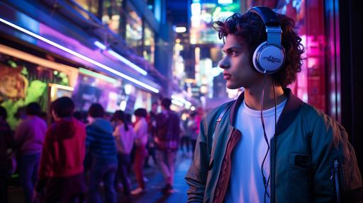A young guy who travels into the 80’s, with a lot of vaporwave fonts and texts around the city with a synth pop environment, listening music through a walkman gadget apparently visible in the scene. There is an enthusiastic band playing a lot of 80’s music at the end of the street with a lot of neon lights inside the stage and a lot of people are watching them on the background of the young guy. superesolution, 4k, ultrarealistic, --ar 16:9