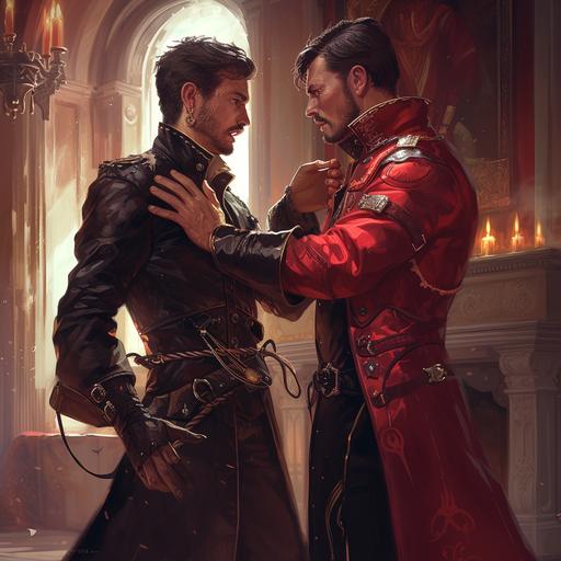 A young human wizard in his 20s , wearing a black best and a red trenchcoat is arguing with a beautiful male short halfling in leather armor.His hair is black and his facial hair well-groomed.Backround is an elegant hall with a fireplace.Dynamic pose.-- ar 16:9 --v 6.0