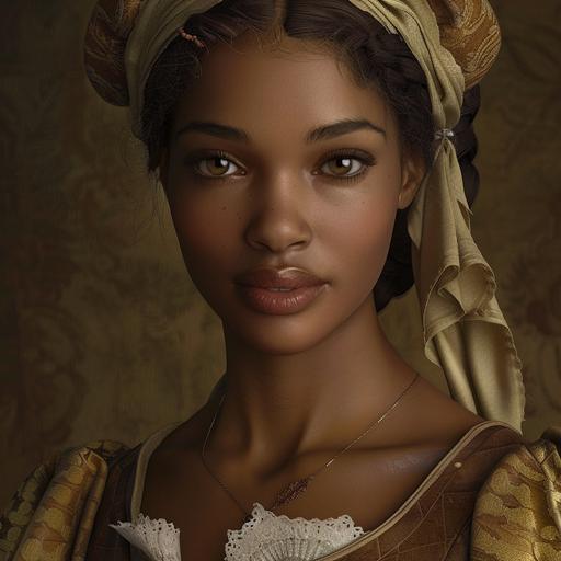 A young, light skinned Black woman with very light brown eyes, dressed in colonial era dress, detailed, hypperrealistic
