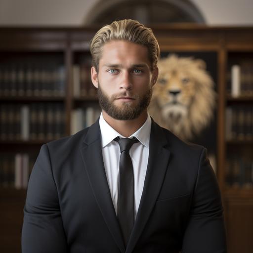A young man about 28 with green eyes and a big head with round triangle face features with a trimmed very blonde blonde beard who is happy and has very blonde hair styled like a lion's maine (Do NOT add a lion to the photo), 6 feet extremely muscluar and is wearing formal lawyer clothing. About 200 lbs, in the Apple campus setting. American with features from a finnish, swiss, german and english ancestry.