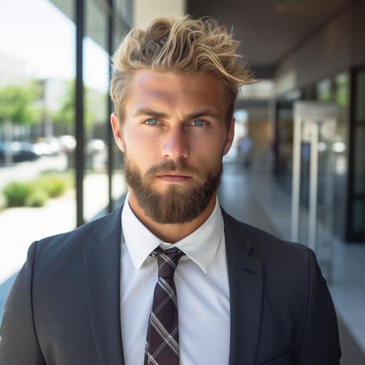 A young man about 28 with green eyes and a big head with round triangle face features with a trimmed blonde beard who is happy and has very blonde hair styled like a lion's maine (Do NOT add a lion to the photo), 6 feet extremely muscluar and is wearing formal lawyer clothing. About 200 lbs, in the Apple campus setting. American with features from a finnish, swiss, german and english ancestry.