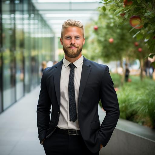 A young man about 28 with green eyes and a round triangle face with a blonde beard who is happy and has blonde hair, 6 feet extremely muscluar and is wearing formal lawyer clothing. About 200 lbs, in the Apple campus setting. American with features from a finnish, swiss, german and english ancestry.