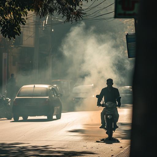 A young man pushing his bike as he walks along due to scooter breakdown on the streets under the hot sun, the smoke comming from motorbike exhaust pipe --v 6.0