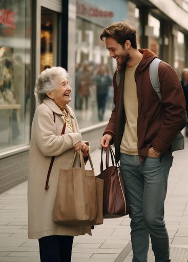 A young man slings a fashion school backpack and an old woman with a shopping craft bag walk down the street, The young man looks at the old woman and smiles [realism] [Candid Photojournalistic Shot] hyper-detailed --ar 13:18 --style raw