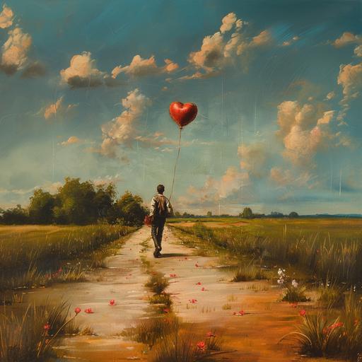 A young man with a red heart shaped balloon, flowers, and a love letter, walks a rural road