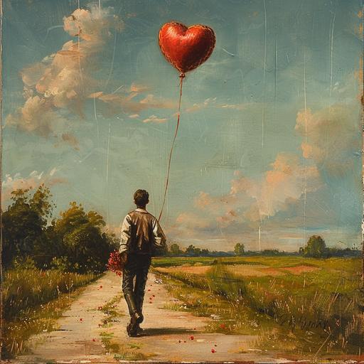 A young man with a red heart shaped balloon, flowers, and a love letter, walks a rural road