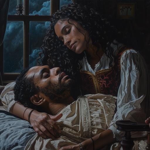 A young mixed race woman with long curly black hair, wearing a colonial American style dress, tenderly taking care of her bedridden brother who is a young dark skinned Black man recovering from a snake bite night sky visible through the window, detailed, hyperrealistic, occult