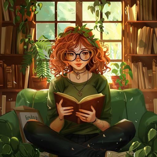 A young redhead witch with short wavy hair, she has glasses and she is reading a book on a green sofa in front of a brown window, and around her there are books and plants. Cartoon style