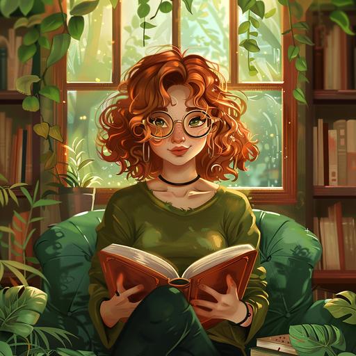 A young redhead witch with short wavy hair, she has glasses and she is reading a book on a green sofa in front of a brown window, and around her there are books and plants. Cartoon style