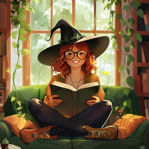 A young redheaded cute woman smiling with short wavy hair, she has glasses and a witch's hat, she is reading a book on a green sofa in front of a brown window, and around her there are books and plants. Cartoon style