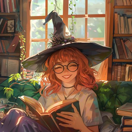 A young redheaded cute woman smiling with short wavy hair, she has glasses and a witch's hat, she is reading a book on a green sofa in front of a brown window, and around her there are books and plants. Cartoon style