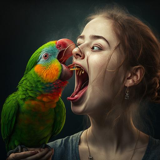 A young woman licks a parrot with her tongue