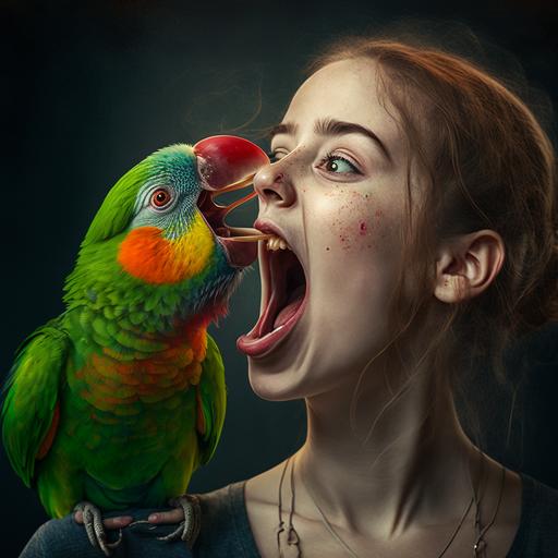 A young woman licks a parrot with her tongue