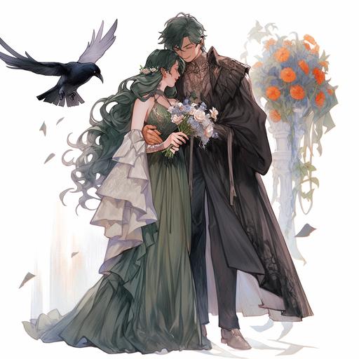 A young woman wearing a green long skirt, holding seven red roses and curling green hair. Beside him was a handsome young man wearing a crow mask, with black hair.,cinematic shot,Full Length Shot(FLS),watercolor,8k smooth,high detail --niji 5