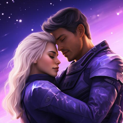A young woman with platinum blonde hair and bright purple eyes wearing a sexy purple jumpsuit/spacesuit standing next to a handsome tall man with no facial hair he is hugging her. He has a scar over his left eye. His hair is jet black and his skin is lightly tan he is wearing a black spacesuit/jumpsuit. Behind them is a beautiful galaxy like background with beautiful purple and pink and blue colors. They look at eachother full of love.