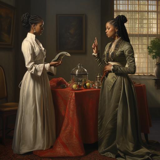 A younh Black woman dressed in colonial era clothing, talking to her sister dressed in colonial clothing, snakes in the room, detailed, hyperrealistic