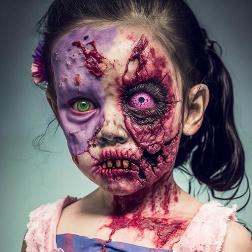 A zombie 8 year old girl, radiation burns, balding, decomposing rotting tissue in open sores, oozing face boils, hideous, peeling, skin, rot, decay, wearing smeared lipstick   eye shadow   mascara   blush   false eyelashes, feminine, preternaturally developed, freakishly deformed, mutant, face completely covered with scabs   hives   boils   radiation burns   lichenification   excoriation   abscesses   blisters   cysts   papules   macules   plaques   pustules   scales   scars, extreme detail, photorealistic, octane renderer, arnold renderer, layers of scabs   hives   boils   radiation burns   lichenification   excoriation   abscesses   blisters   cysts   papules   macules   plaques   pustules   scales   scarsdying, wither, frail, lifeless, terrifying, disgusting, dangerous, furious, predatory, unsettling, menacing, photorealistic, extremely high detail, realism, cinematic, horror movie lighting, glistening, nauseating, hypermaximalist, insanely detailed and intricate, octane render, unreal engine, 8k, zombie, dead, halloween, spooky, creepy, dark colors, dark, evil, undead, plague, skeletal, bone, grotesque, desiccated, macabre, real, photorealism, the scariest thing known, torn skin, horror, psychotic, uneasy, creepy --v 4 --q 2